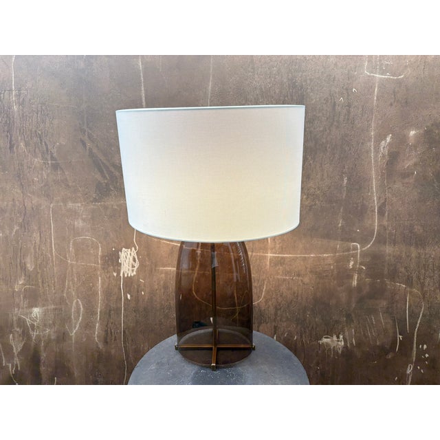 Mid-Century Modern Rh Blom Scandinavian Amber Glass Table Lamp Lacquered Burnished Brass Jonathan Browning For Sale - Image 3 of 18