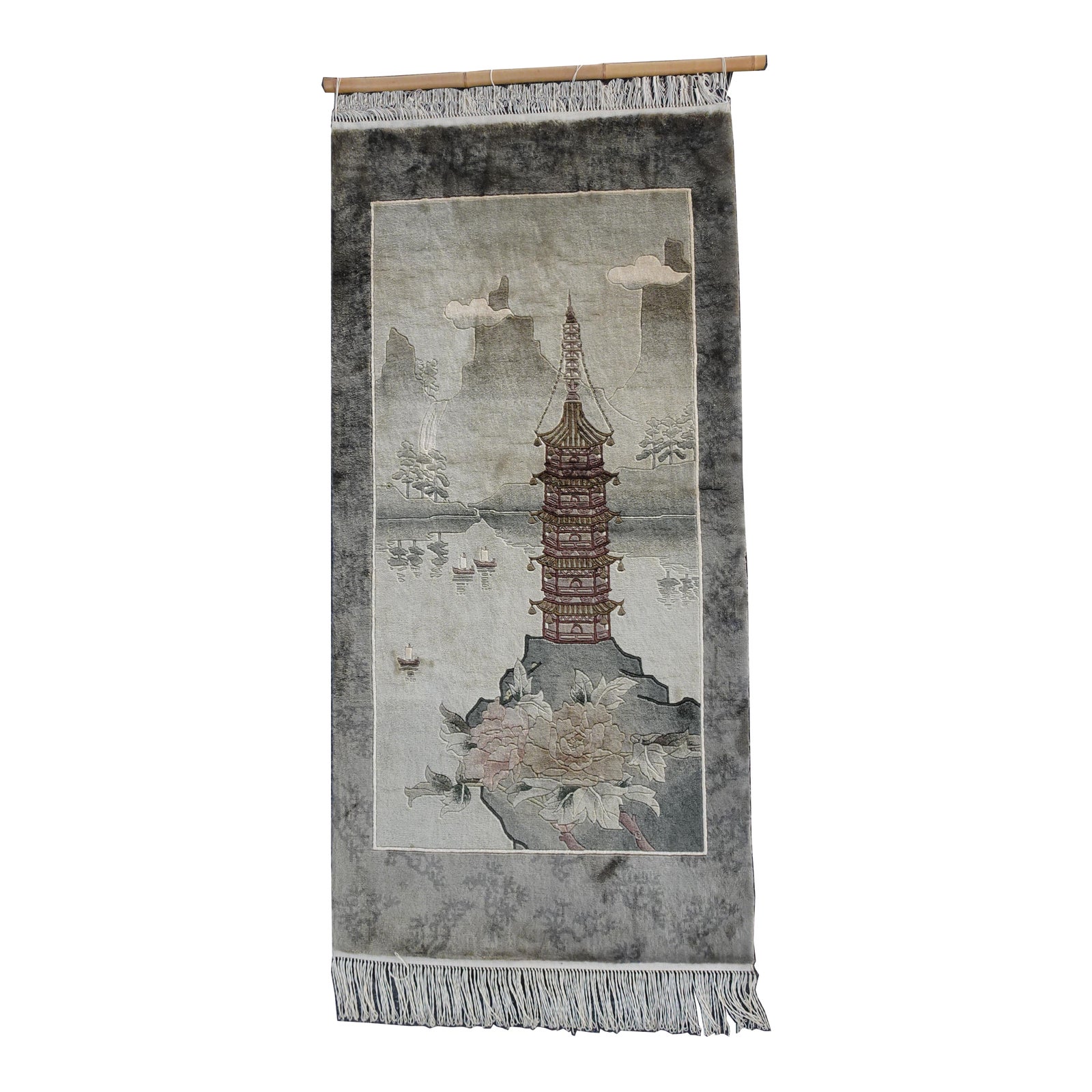 Vintage Chinese Wool Wall Hanging Rug Tapestry Temple W Lake And