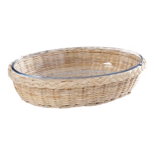 The Palmier Oval Pyrex in Rattan Basket, 14.5" x 10.25" x 3.25" For Sale