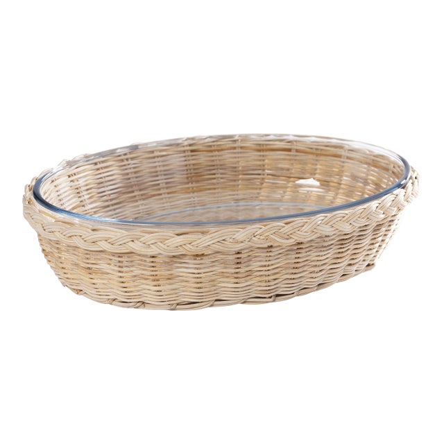 The Palmier Oval Pyrex in Rattan Basket, 14.5" x 10.25" x 3.25" For Sale