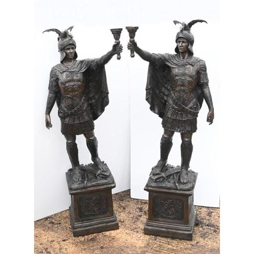 Pair of monumental Italian bronze gladiator figures mounted on integral plinth bases Incredible size at over 8 feet tall -...