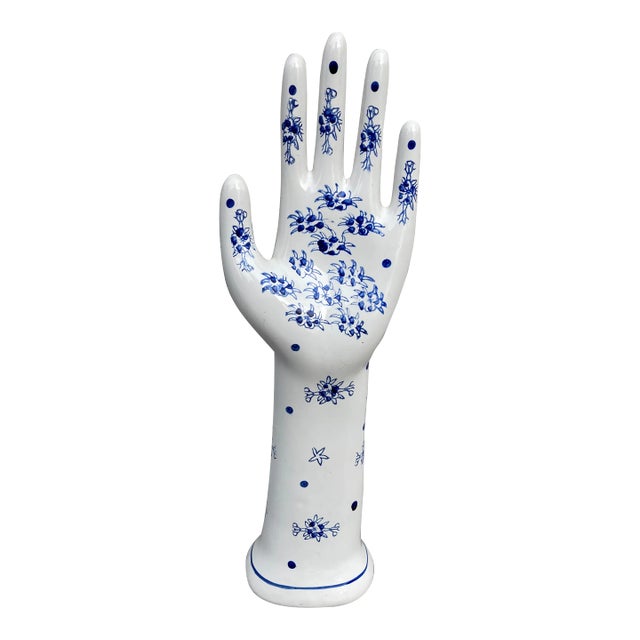 1980s Vintage Hand Painted Blue and White Porcelain Hand Form For Sale