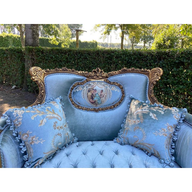 French 1920 French Louis XVI Gold Beech Blue Velvet Settee 1pc For Sale - Image 3 of 13