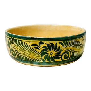 Vintage Hand Painted Mexican Green Fern Leaves Low Planter Planting Bowl For Sale