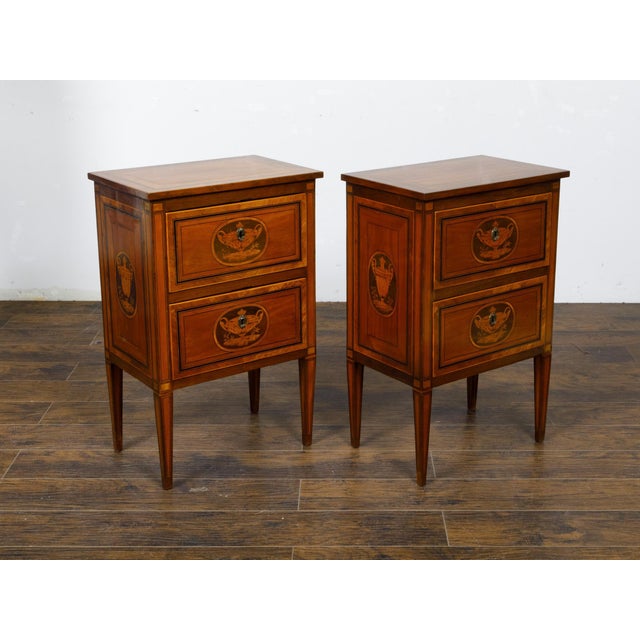 Pair of Italian Neoclassical 1800s Walnut Bedside Tables with Marquetry Décor For Sale - Image 9 of 12