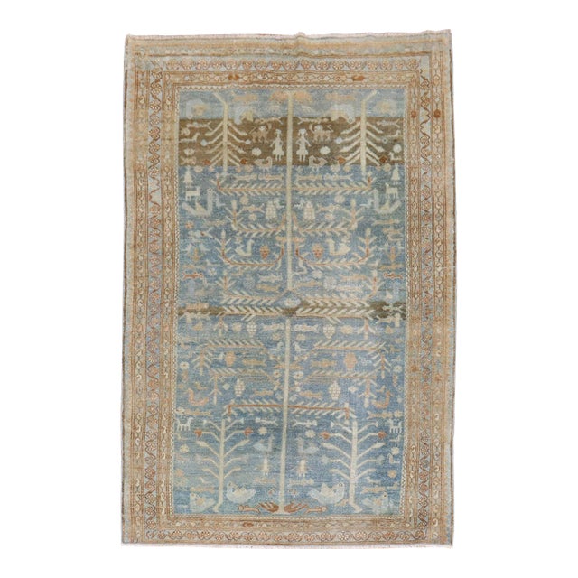 Early 20th Century Ocean Blue Persian Malayer Pictorial Rug - 4'2" x 6'1" For Sale