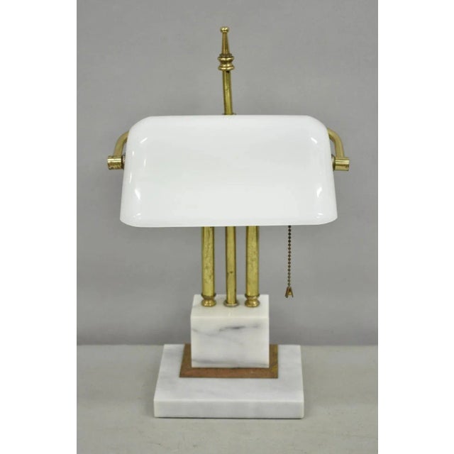 Art Deco Vintage Mid Century Modern Art Deco Marble & Brass Bankers Desk Lamp W/ Shade For Sale - Image 3 of 12
