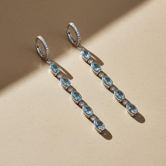 Metal Topaz Huggie Drop Earrings, Silver, Gold, Pair For Sale - Image 7 of 10