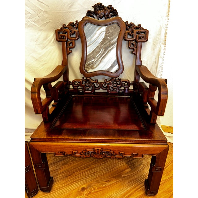 Chinese Vintage Chinese Carved Rosewood Armchairs With Dali Marble Panels - A Pair For Sale - Image 3 of 11