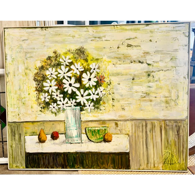Wood Midcentury Daisies & Fruit Painting by Lee Reynolds For Sale - Image 7 of 7