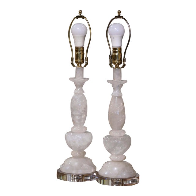 Pair of Brazilian Carved Rock Crystal Table Lamps on Acrylic Bases For Sale