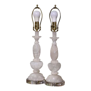 Pair of Brazilian Carved Rock Crystal Table Lamps on Acrylic Bases