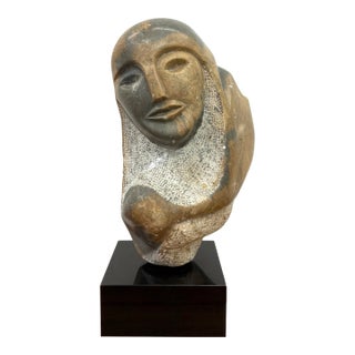 Vintage Hand Carved Abstract Figurative Stone Bust on Black Plinth For Sale