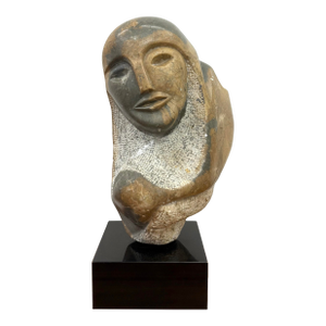 Vintage Hand Carved Abstract Figurative Stone Bust on Black Plinth