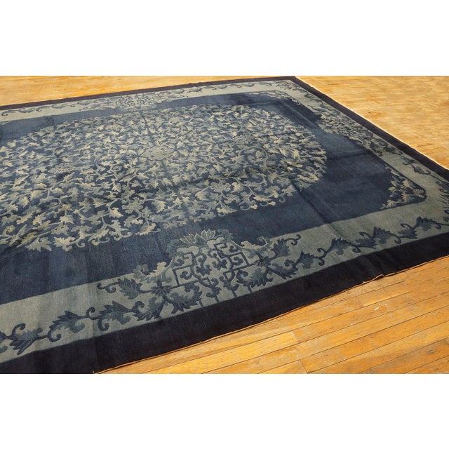 Textile 1920s Deco Blue Field and Elegant Floral-Medallion Antique Chinese Peking Rug For Sale - Image 7 of 11