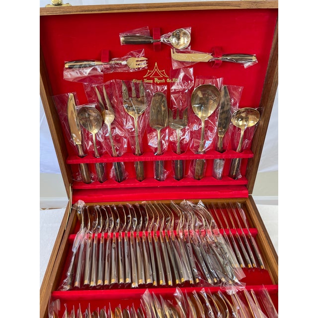 Vintage MidCentury Thailand Bronze Flatware Set in Teak Case 143