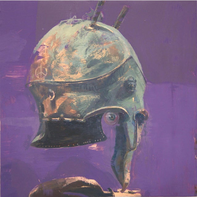 Keeping an Eye on You by Elena Burykina | Oil on panel Painting of a helmet on a purple background For Sale