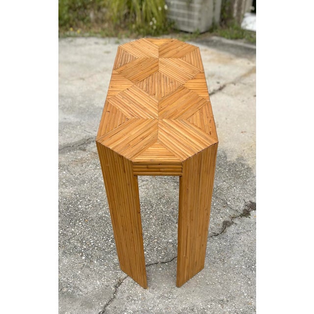 Late 20th Century Boho Chic Modern Spilt Reed Console Table With Geometric Motif For Sale - Image 5 of 13