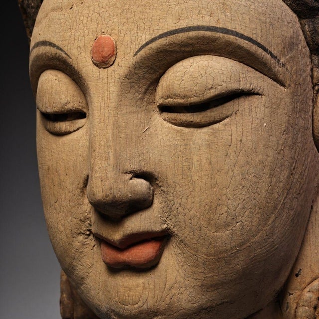 Brown Monumental Vintage Carved Wooden Guanyin Head, 18" Tall For Sale - Image 8 of 10