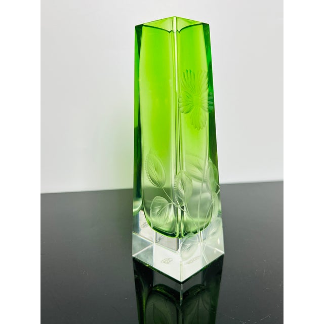 Glass 20th Century Green Uranium Art Glass Vase with Hand-Engraved Floral Décor from Moser Karlsbad, Czechoslovakia For Sale - Image 7 of 11