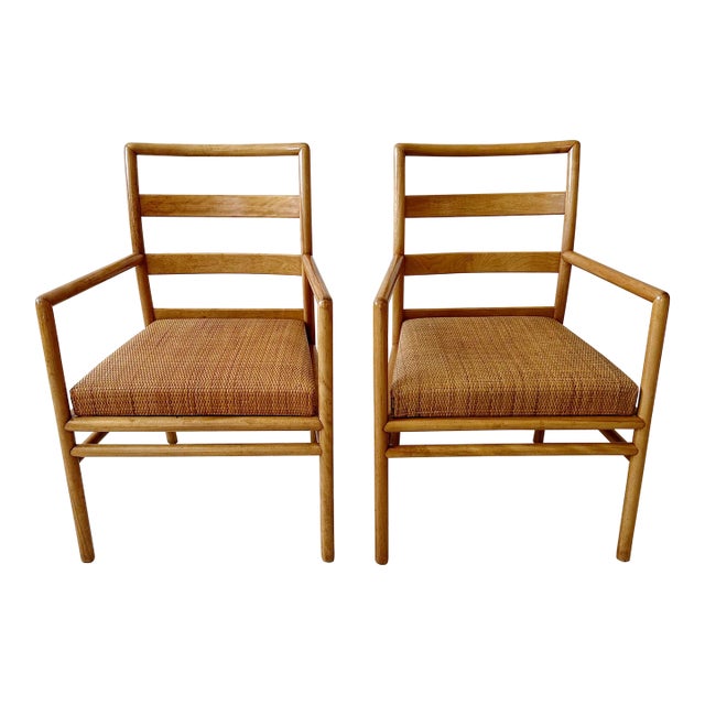 Pair of T. H. Robsjohn Gibbings for Widdicomb Ladderback & Woven Rattan Seat Armchairs For Sale