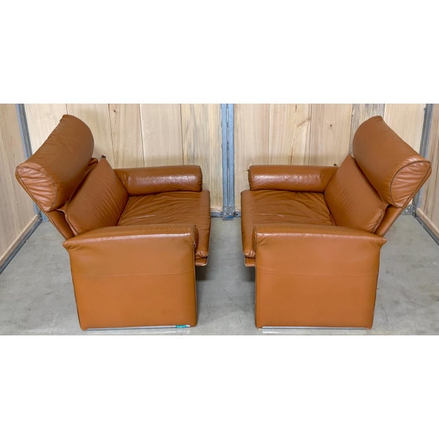 Mid 20th Century Pair Saddle Brown Leather Lounge Chairs by Giovanni Offredi for Saporiti, 1970s For Sale - Image 5 of 7