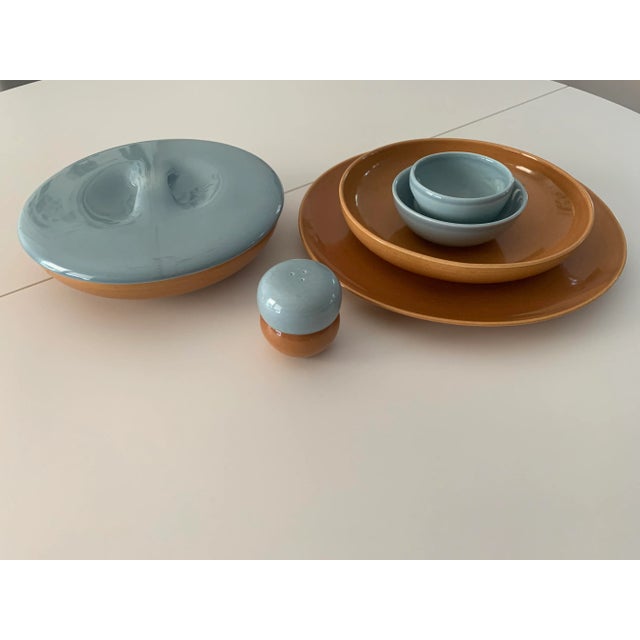 Russel Wright's iconic mid century modern Iroquois Casual China in blue and apricot. This is a small set of 3 serving...