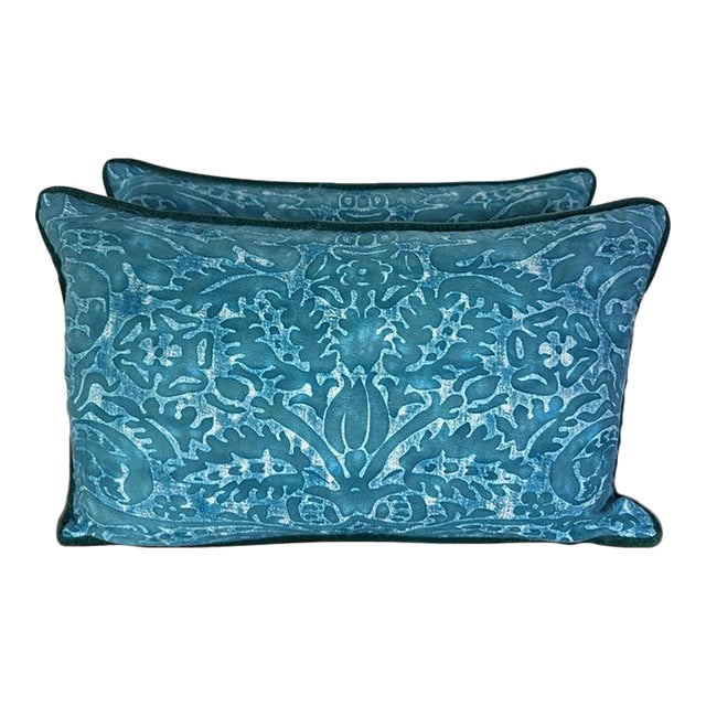 Teal Baroque Decorative Pillows, Cotton and Linen, Italy, Pair of Two For Sale