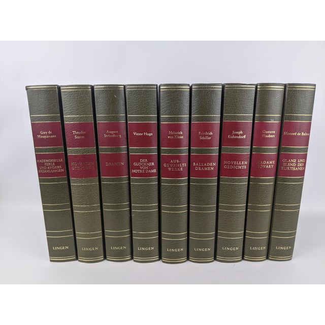 Vintage Olive Green, Burgundy & Gold German Literary Classics by Lingen – Set of 9 For Sale - Image 11 of 15