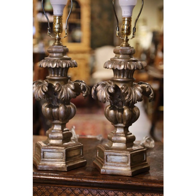 Pair of Mid-Century Italian Carved Silvered Table Lamps For Sale - Image 4 of 9