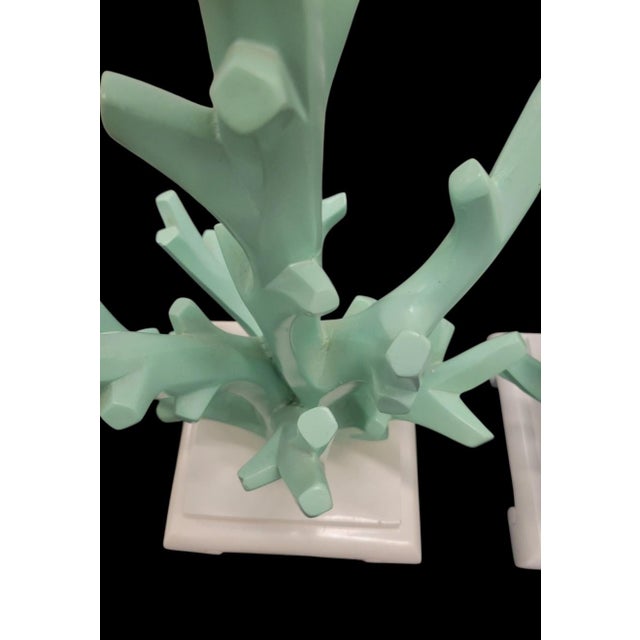 Traditional Vintage Faux Mint Green Coral Coastal Table Lamps With Chinoiserie Bird Branch Shades- A Pair For Sale - Image 3 of 8