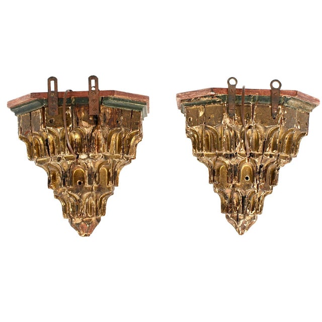 A Pair of Electrified Carved Gilt Wood Gothic Sconces For Sale - Image 4 of 7