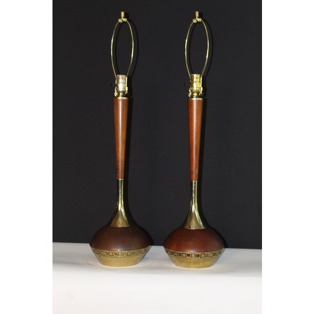 Pair of Mid 20th Century Laurel Walnut and Embossed Brass. For Sale In Miami - Image 6 of 12