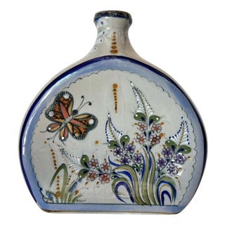 Vintage Erandi Tonalá Pottery Flask Vase, Hand-Painted, Signed, Circa 1970s For Sale