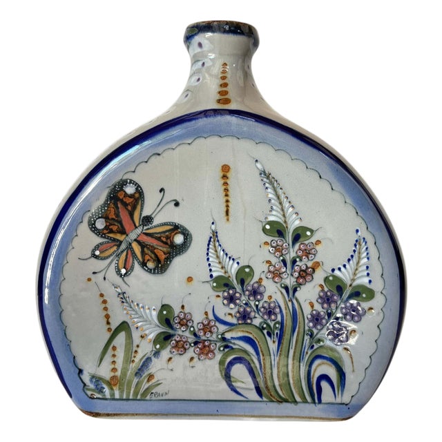 Vintage Erandi Tonalá Pottery Flask Vase, Hand-Painted, Signed, Circa 1970s For Sale