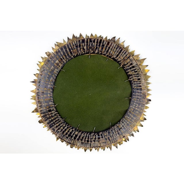 Metal French Gilded Brass and Talosel Convex Round Wall Mirror attributed to the Atelier Line Vautrin For Sale - Image 7 of 10