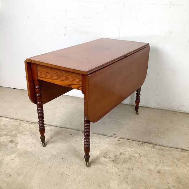 Antique Style American Drop-Leaf Table — Spool-Turned Legs, Brass Casters, Warm Hardwood Top For Sale In Philadelphia - Image 6 of 12