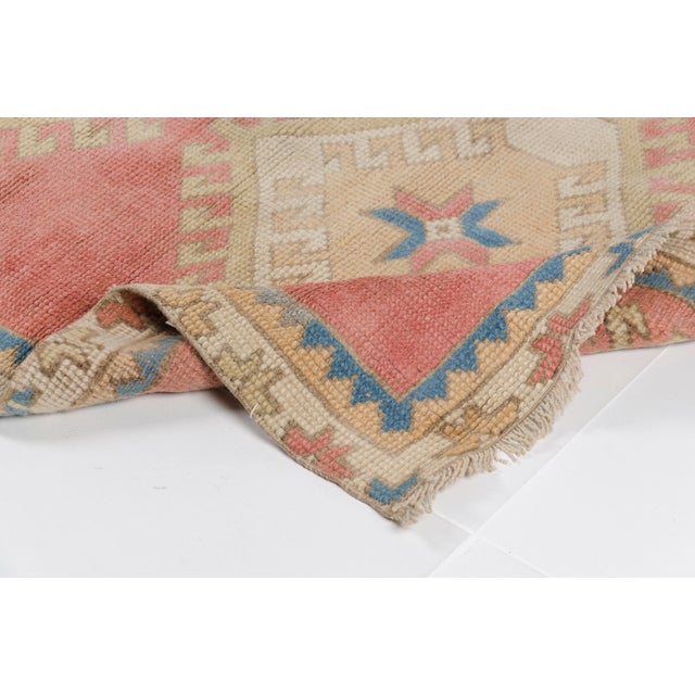 Turkish Mid 20th Century Faded Rose & Blue Geometric Motifs Rug For Sale - Image 3 of 11