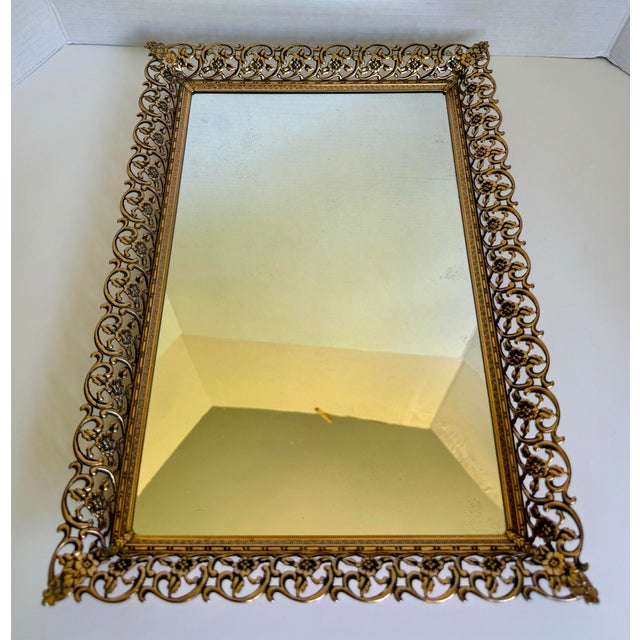 Mid 20th Century Vintage Hollywood Regency Gilt Filigree Vanity Mirror & Perfume Tray For Sale - Image 5 of 12