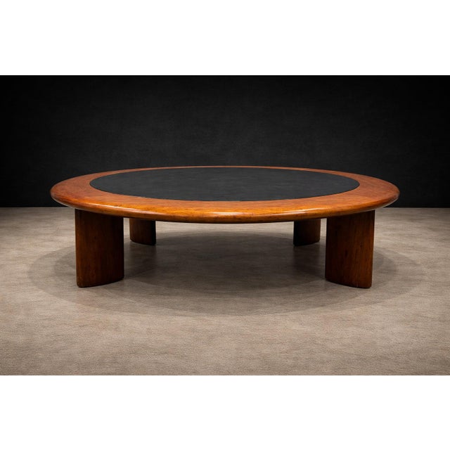 Mid-Century Modern Round Coffee Table in Solid Hardwood & Black Leather, Brazilian Modern, 1970s For Sale - Image 3 of 11