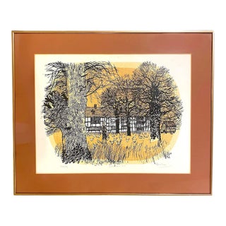 Robert Tavener Winter Paddock Lithograph Signed Mid Century English Farm Barn For Sale