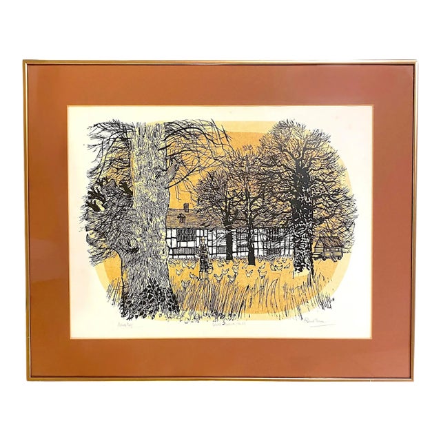 Robert Tavener Winter Paddock Lithograph Signed Mid Century English Farm Barn For Sale