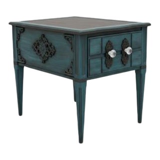 Dark Teal Hand-Painted Carved Wood Nightstand With Crystal Knobs- Boho Glam End Table For Sale