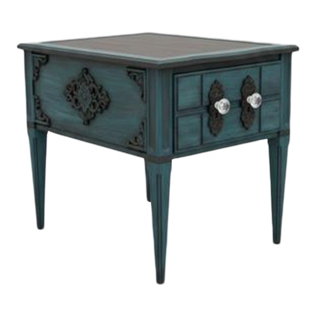 Dark Teal Hand-Painted Carved Wood Nightstand With Crystal Knobs- Boho Glam End Table For Sale