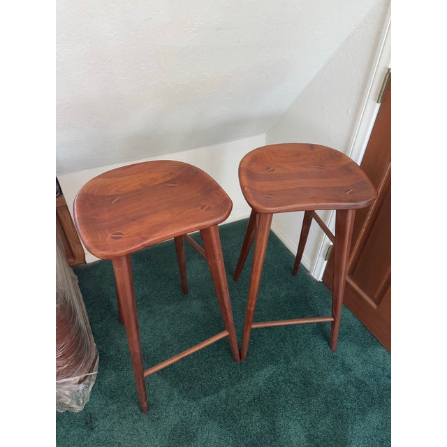 Contemporary Organic Modernism Walnut Bar Stools- Set of 2 For Sale - Image 3 of 8