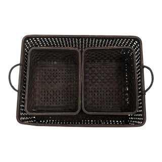 Vintage Dark Woven Rattan Nesting Basket Set – 3 Piece Rectangular Storage Baskets For Sale