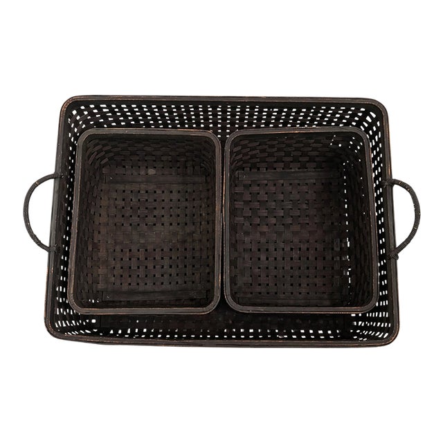Vintage Dark Woven Rattan Nesting Basket Set – 3 Piece Rectangular Storage Baskets For Sale