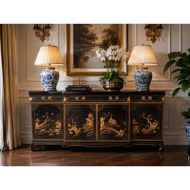 Exceptional 1984 Karges Furniture chinoiserie credenza featuring beautifully executed gilt landscape scenes over a deep...