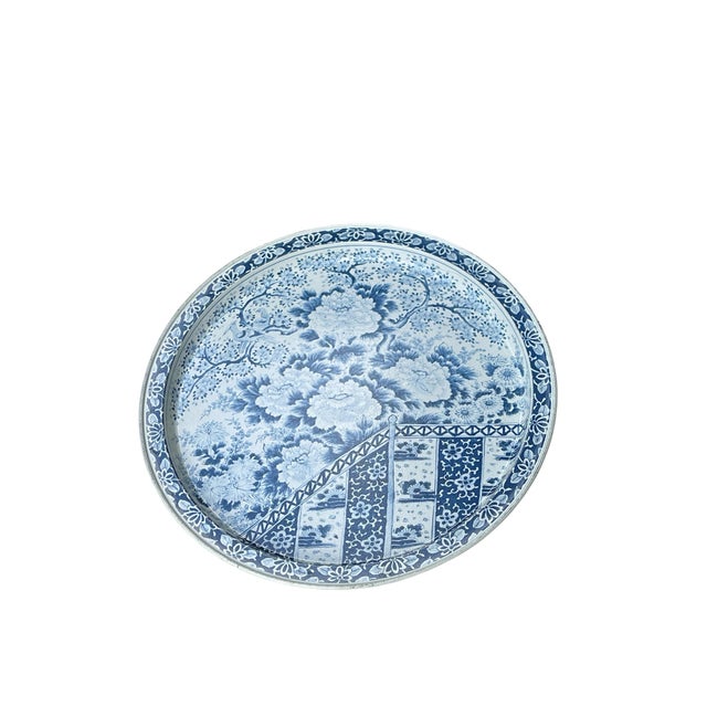 Vintage Lithography Blue and White Chrysanthemum Ming Style Serving Tray For Sale - Image 4 of 4