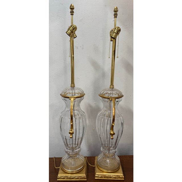 French 1960s Mabro Lamp Company French Clear Crystal and Gilt Table Lamps -a Pair For Sale - Image 3 of 7